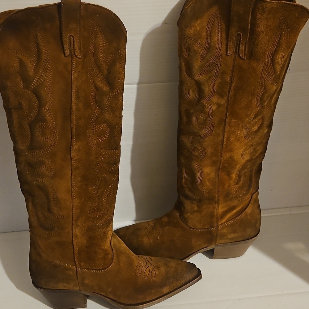 Sundance Brown Suede Tall Western Boho Festival Boots β Cutout Detail Size 39